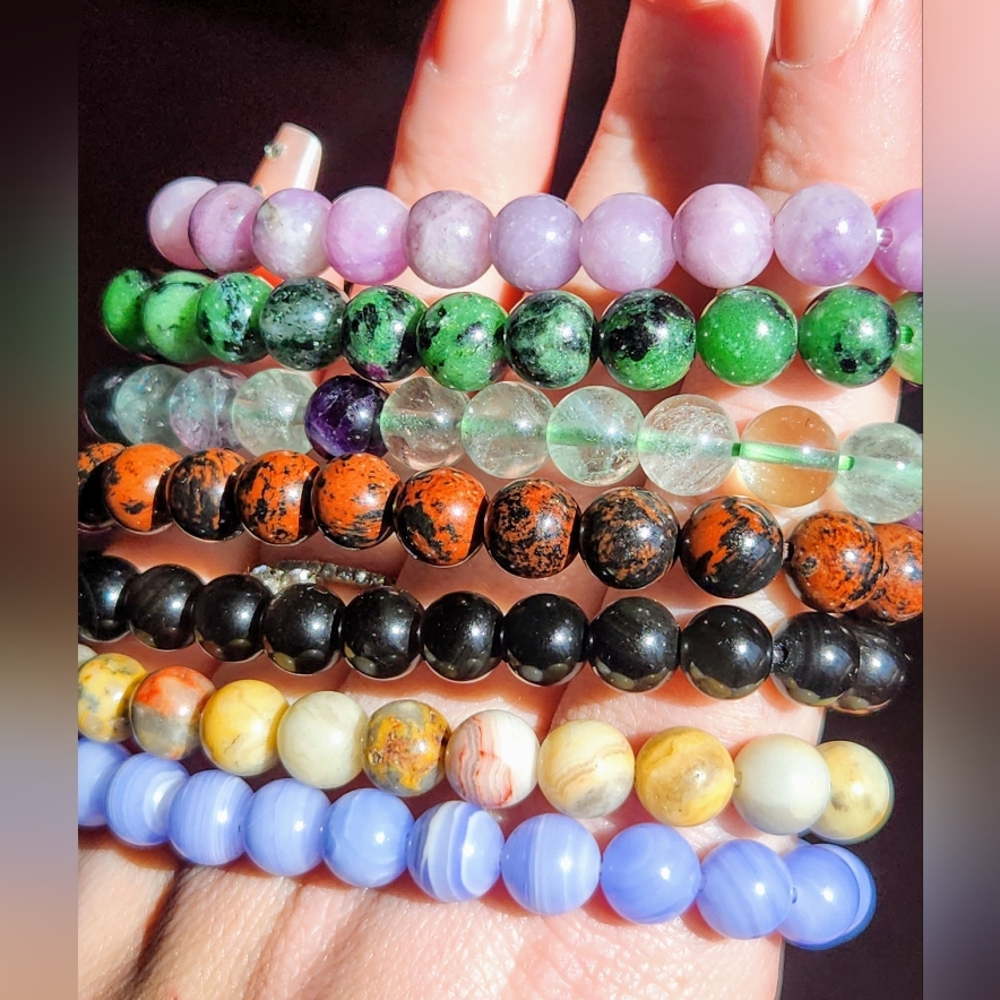 Genuine Crystal Beaded Bangle Stretch Bracelet Agate Quartz Obsidian Ruby Gem - Picture 6 of 10